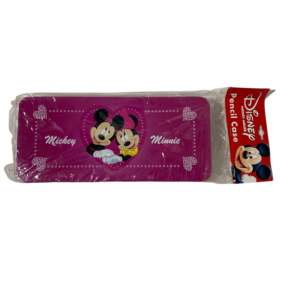 Front view of the Disney Mickey and Minnie Mouse metal pencil case with pink background.