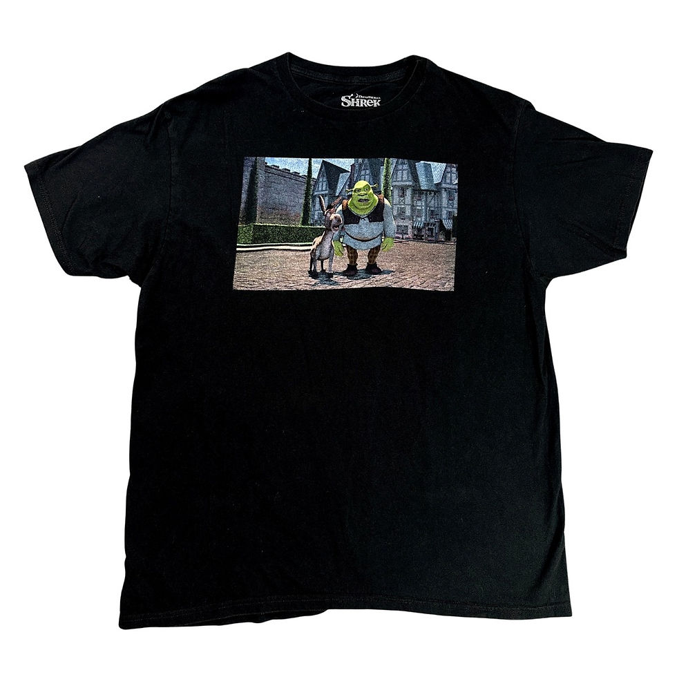 Front view of DreamWorks men's XL black short sleeve Shrek graphic tee shirt.