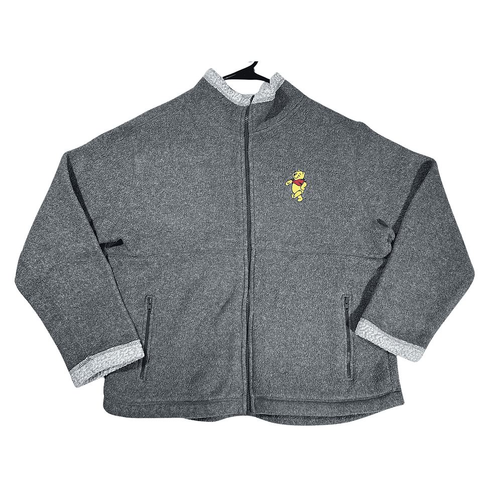 Disneyland Resort Women's Medium Winnie the Pooh Embroidered Gray Polar Fleece Zip Up Sweater Front