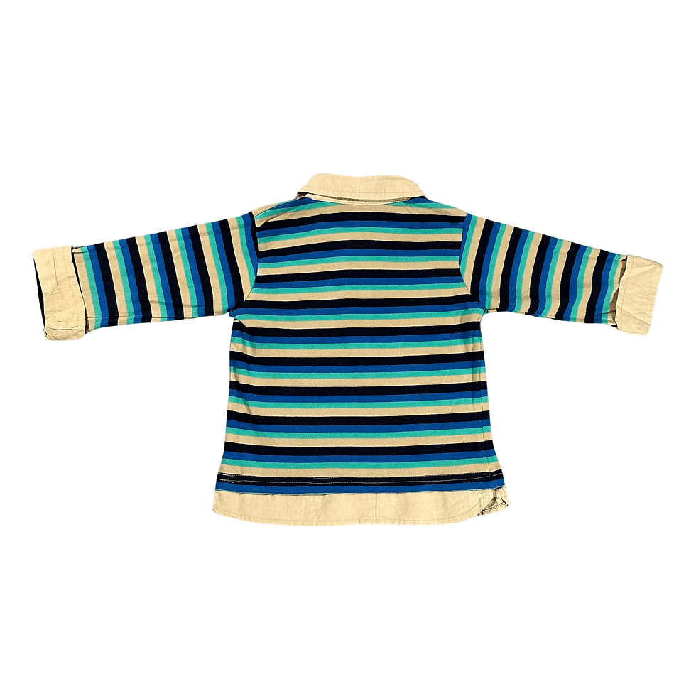 Mon Cheri Baby Boy's Size 24 Months Blue & Beige Striped #12 Flying Ace Airplane Long Sleeve Shirt Back View