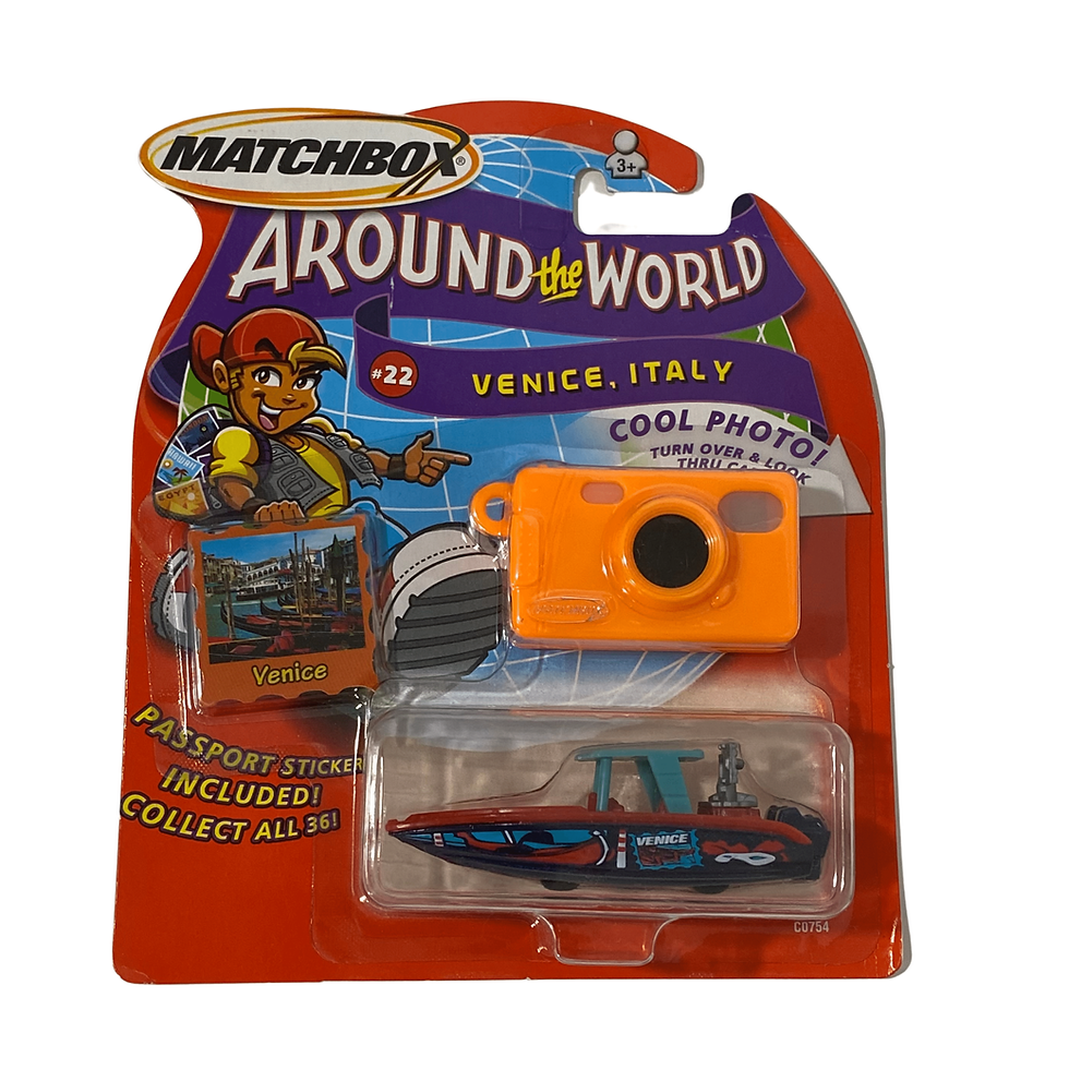 Front view of the 2003 Mattel Matchbox Around The World Venice set, featuring speedboat and camera.