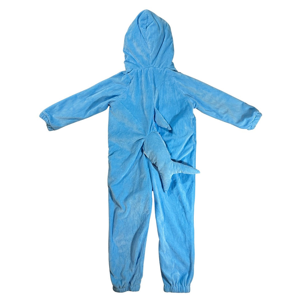 Back view of Target unisex kids size 4T blue shark romper, featuring a dorsal fin on the back.