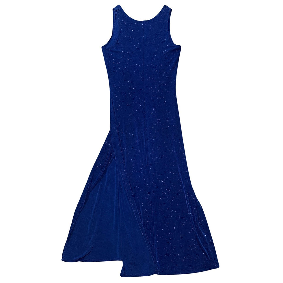 Back view of women's small heavy-weight blue sparkle stretch gown.
