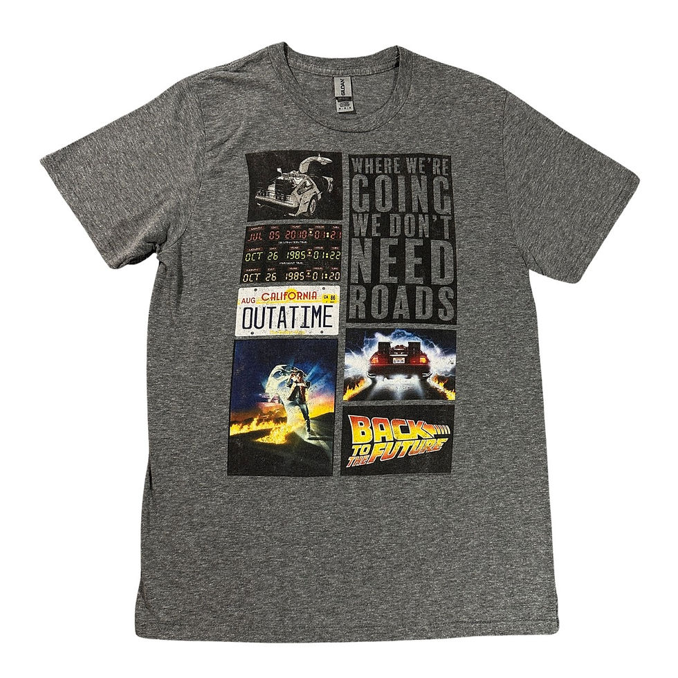 Front view of Back to the Future men's medium gray short sleeve tee with film-inspired graphics.