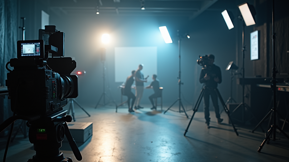 Eye-level view of a modern film studio with lighting and camera equipment
