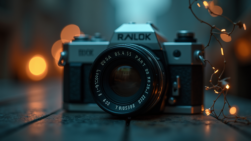 Close-up view of a vintage camera with ghostly light trails