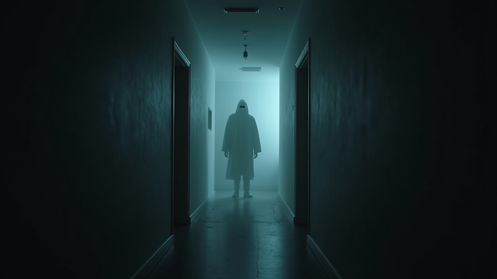 Eye-level view of a dimly lit room with translucent ghostly figure