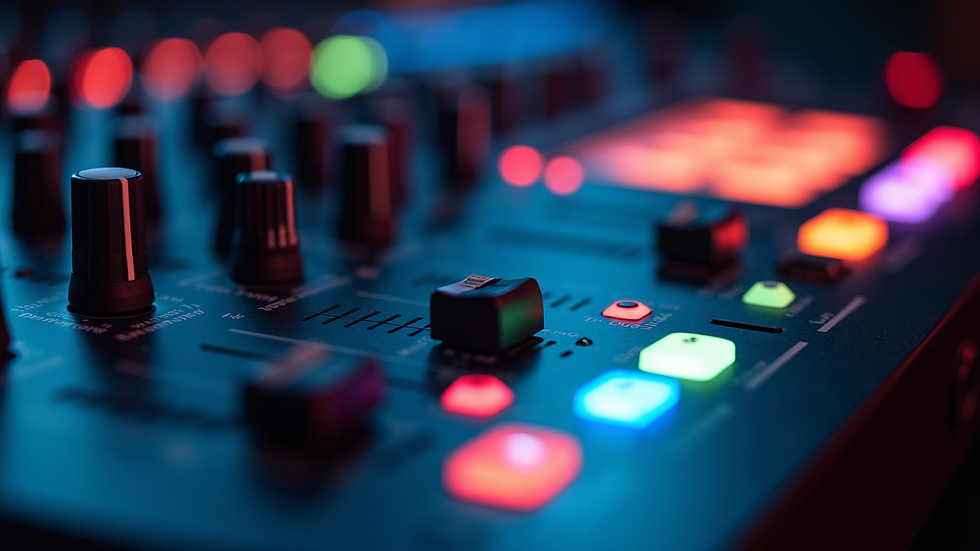 Close-up view of a sound mixing console with colorful LED indicators