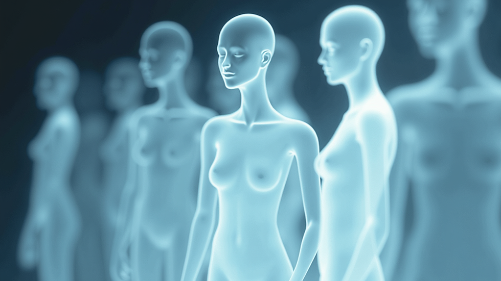 Close-up view of a digital illustration showing layered translucent ghostly figures