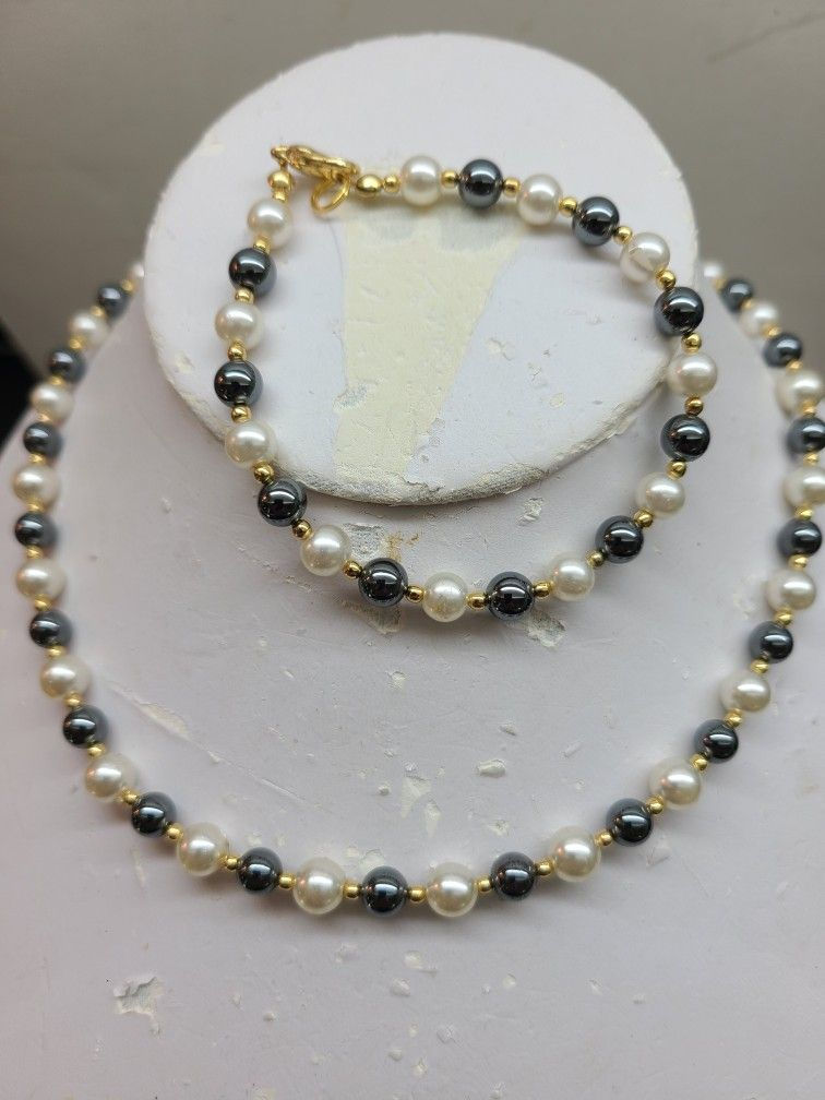 Thumbnail: Hematite & Faux Pearl Necklace and Bracelet Set – “Black Diamond” Look