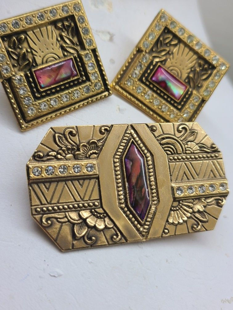 Thumbnail: Vintage Art Deco Abalone Brooch & Earring Set
