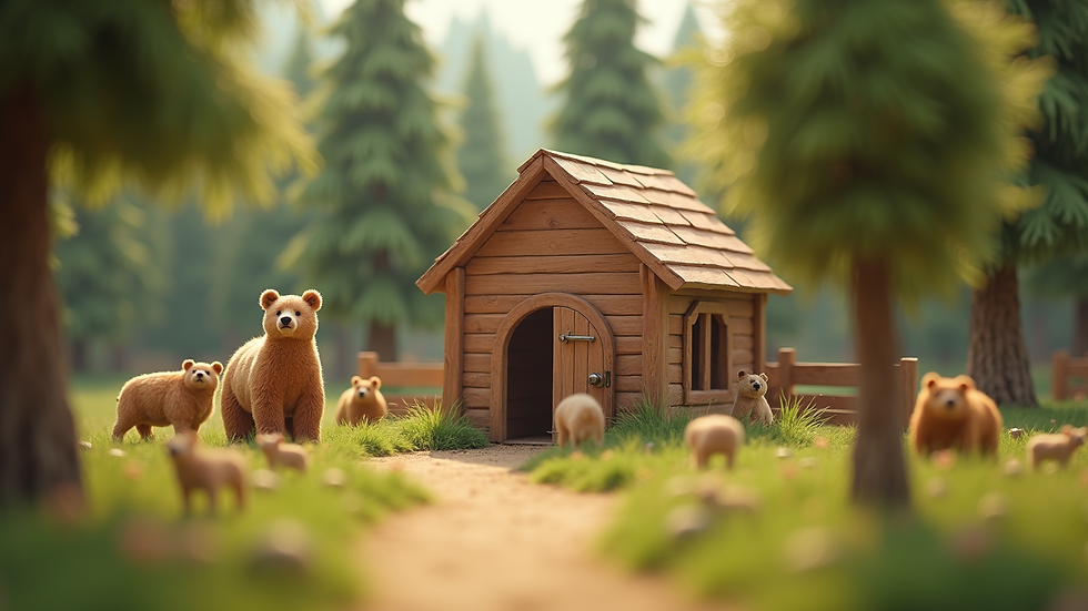Eye-level view of a child’s bear block village with trees and small animals