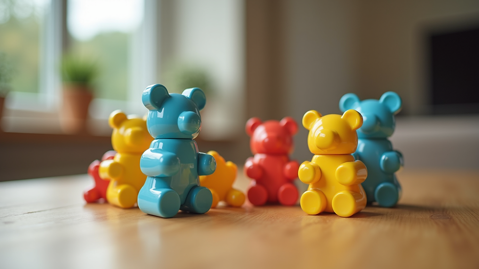 Close-up view of colorful bear-shaped building blocks arranged on a wooden table