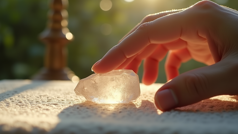 Vue rapprochée d’une main posée sur un cristal de Reiki