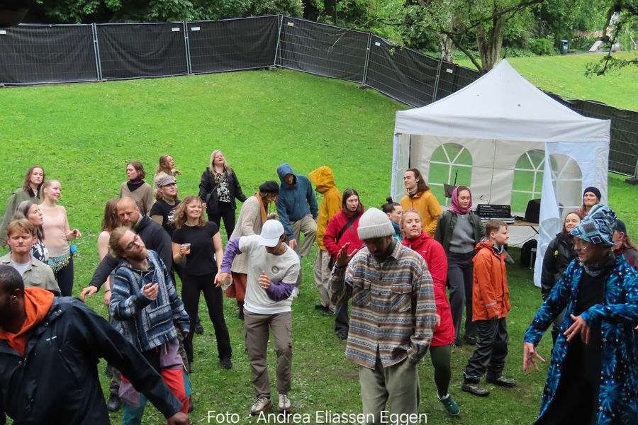 Dancing together on the wet grass