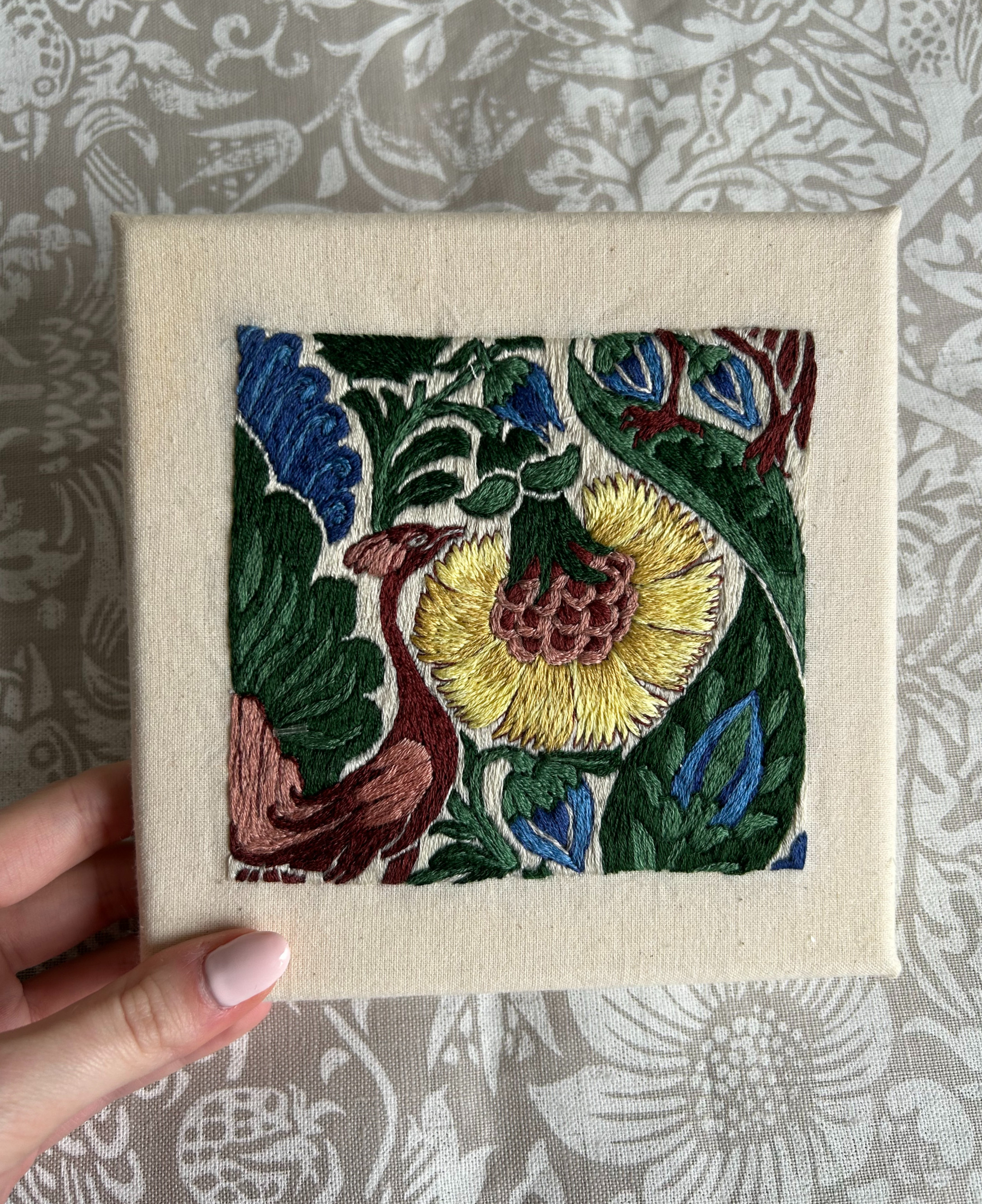 Flamingo & Carnation - hand embroidered tile