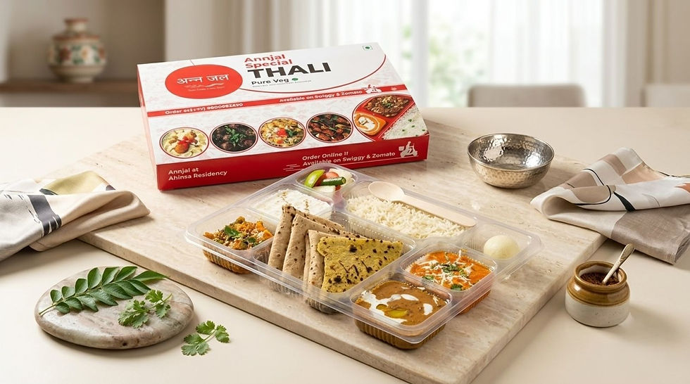 Annjal Special Thali featuring a wholesome 100% pure vegetarian Satvik meal with no onion and no garlic.
The thali includes Indian curries, dal, rice, chapati, salad, raita, and a delicious sweet.
Freshly packed in premium meal packaging, perfect for home delivery and online food orders.
Enjoy authentic Satvik food from Annjal Restaurant – Pure Food, Pure Soul.