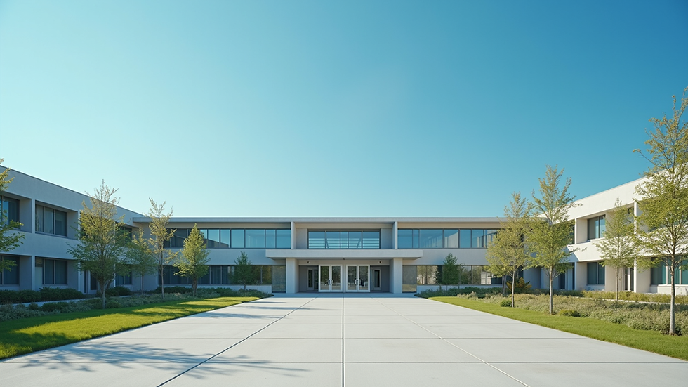 Eye-level view of a modern school building with a clear blue sky
