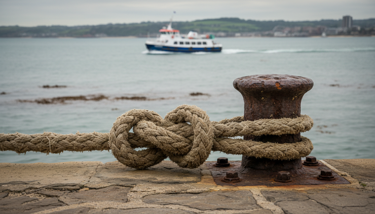 Close-up view of a ferry rope tied to a weathered bollard beside Plymouth Sound.