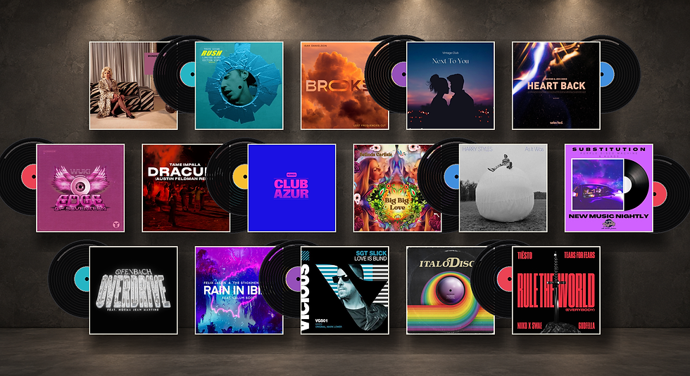 Colorful vinyl album covers and records displayed on a dark wall, with titles like Heart Back, Club Azur, and Rule the World.