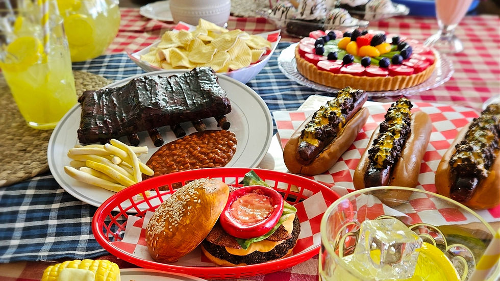 Close-up view of realistic prop food items arranged on a table