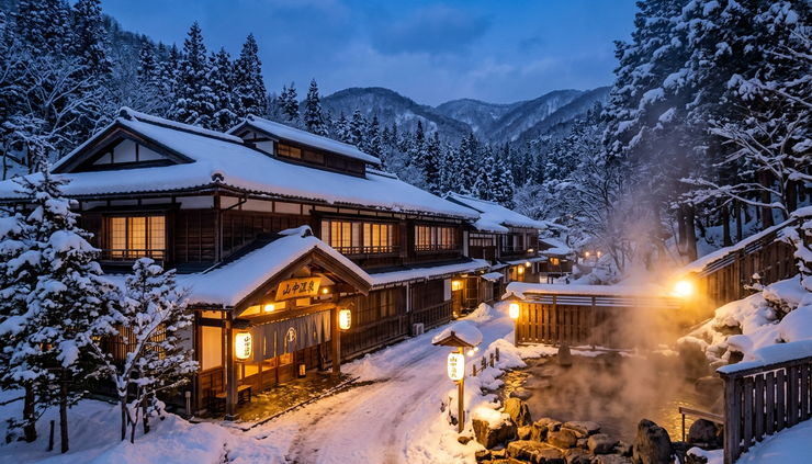 Wide-angle view of a snowy onsen ryokan exterior glowing warmly in northern Japan.