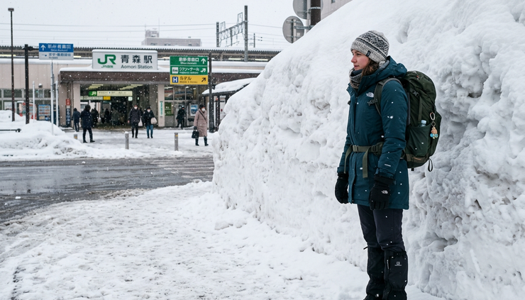 Eye-level view of a traveler in winter layers standing beside a snowbank near Aomori Station.