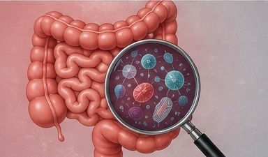 Human intestines with a magnified view of microorganisms