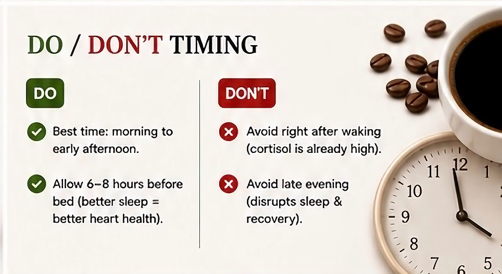 Do/Don't timing for coffee and heart health infographic.