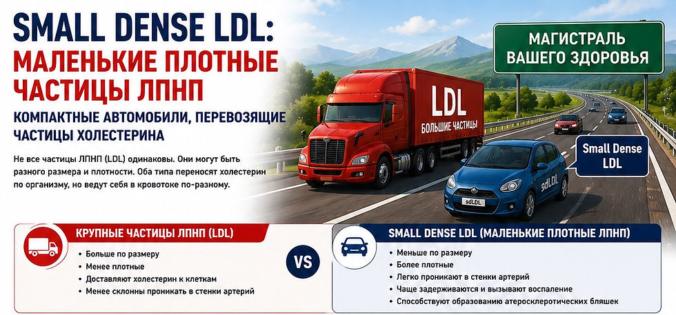Infographic comparing large and small dense LDL particles.