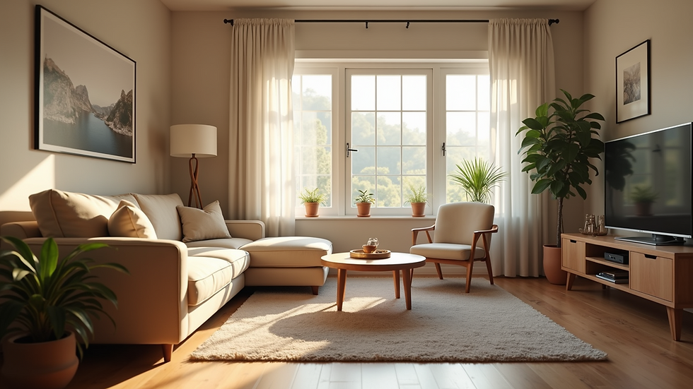 Eye-level view of a cozy living room with senior-friendly furniture