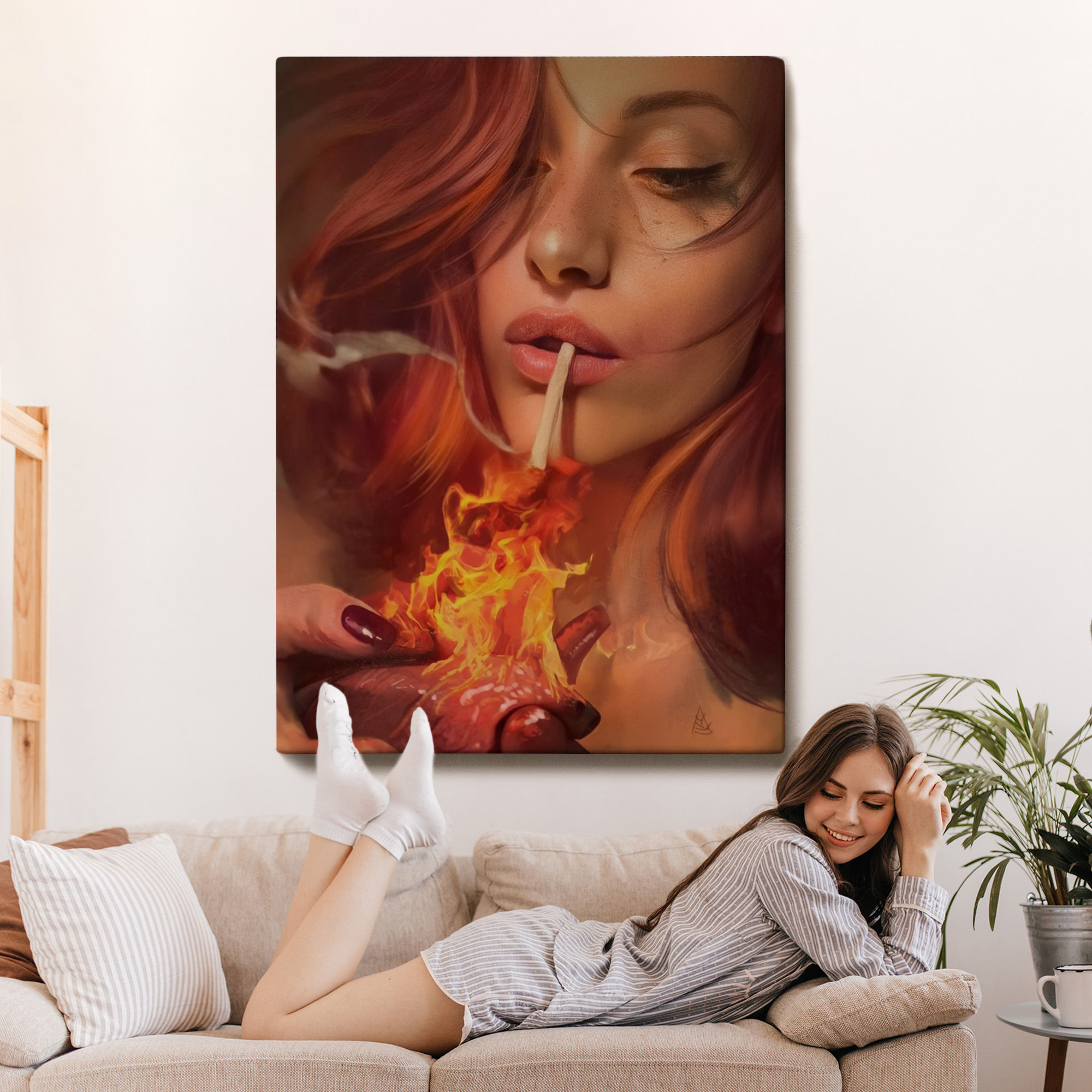 Platonik Aşkın Tavrı Sigarasını Yanan Bir Kalpten Yakan Kadın Kanvas Tablo