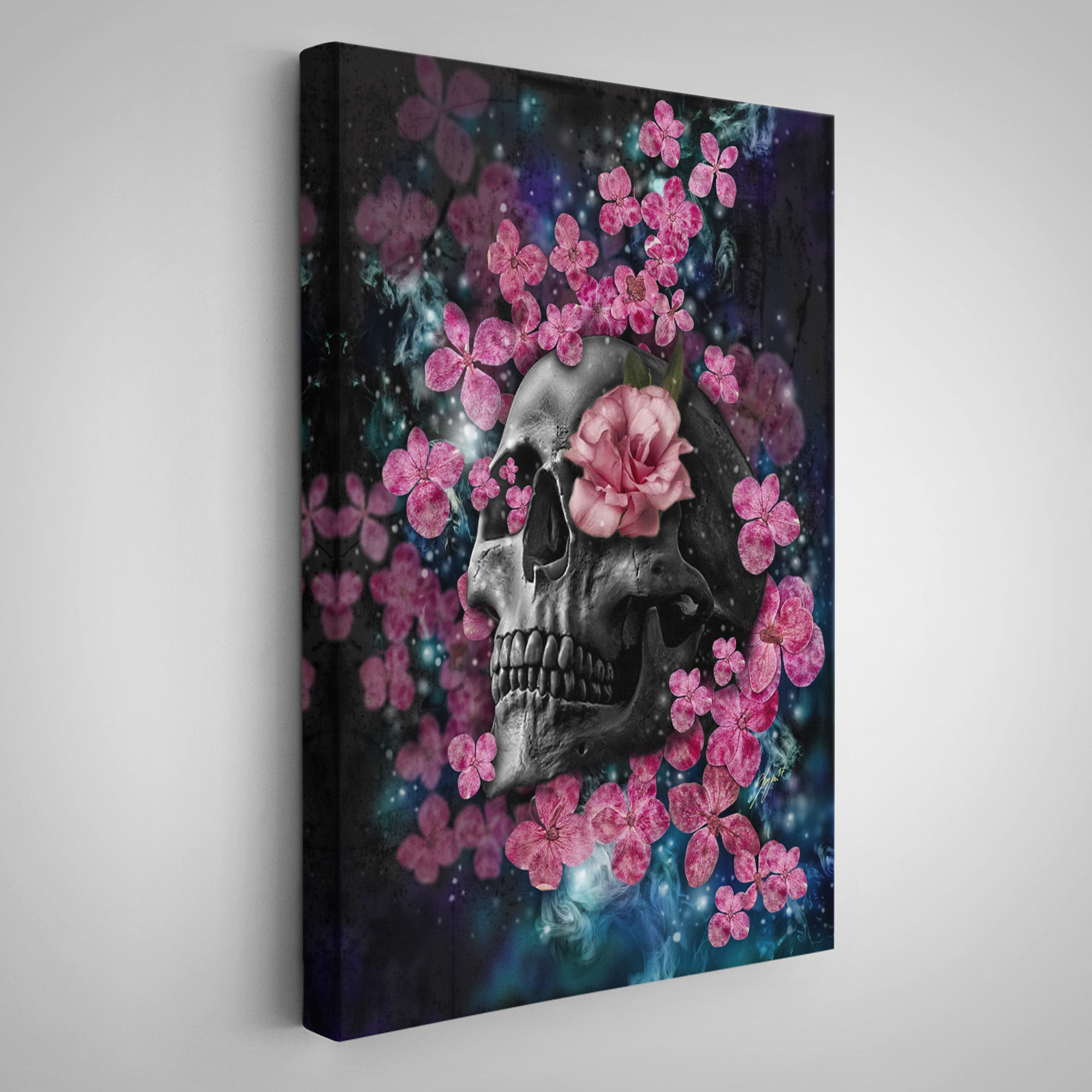 İskelet Kafa ve Pembe Çiçekler Kanvas Tablo Duvar Sanatı