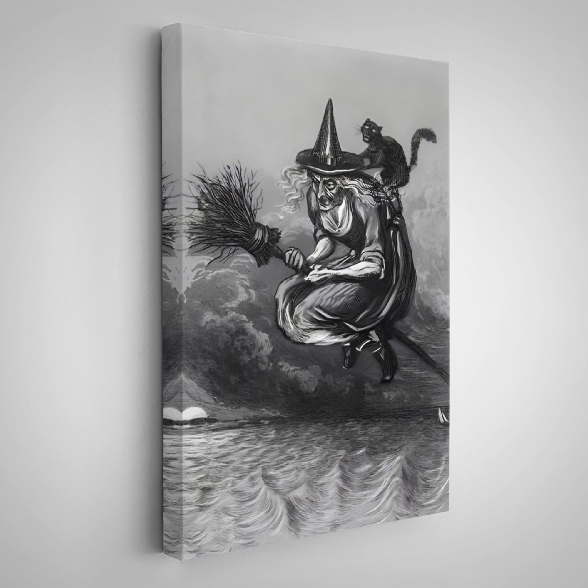 Süpürge ile Uçan Yaşlı Cadı ve Kedisi, Cadılar Bayramı Hediyesi, Hellowen Tablo