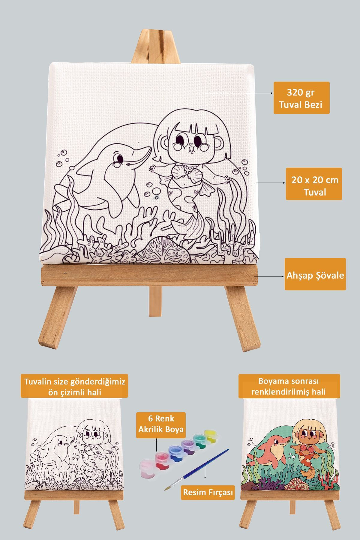 Sevimli Denizkızı ve Pembe Yunus, Çocuk Eğitici Tuval Boyama Seti