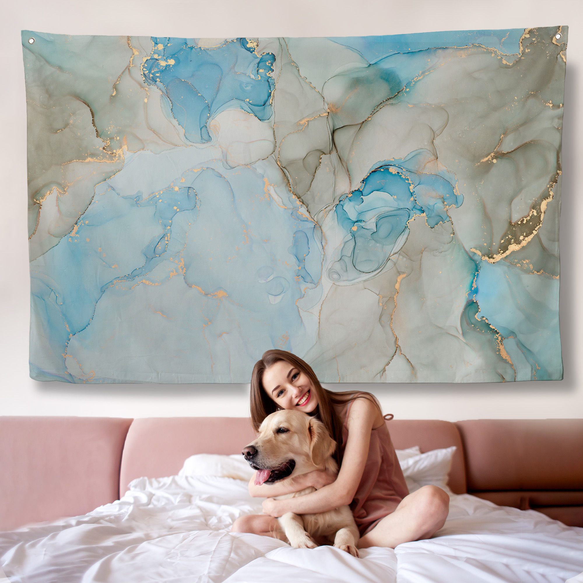 Mürekkep ve Alkol Elementleri ile Mermer Deseni Verilmiş Kanvas Örtüsü