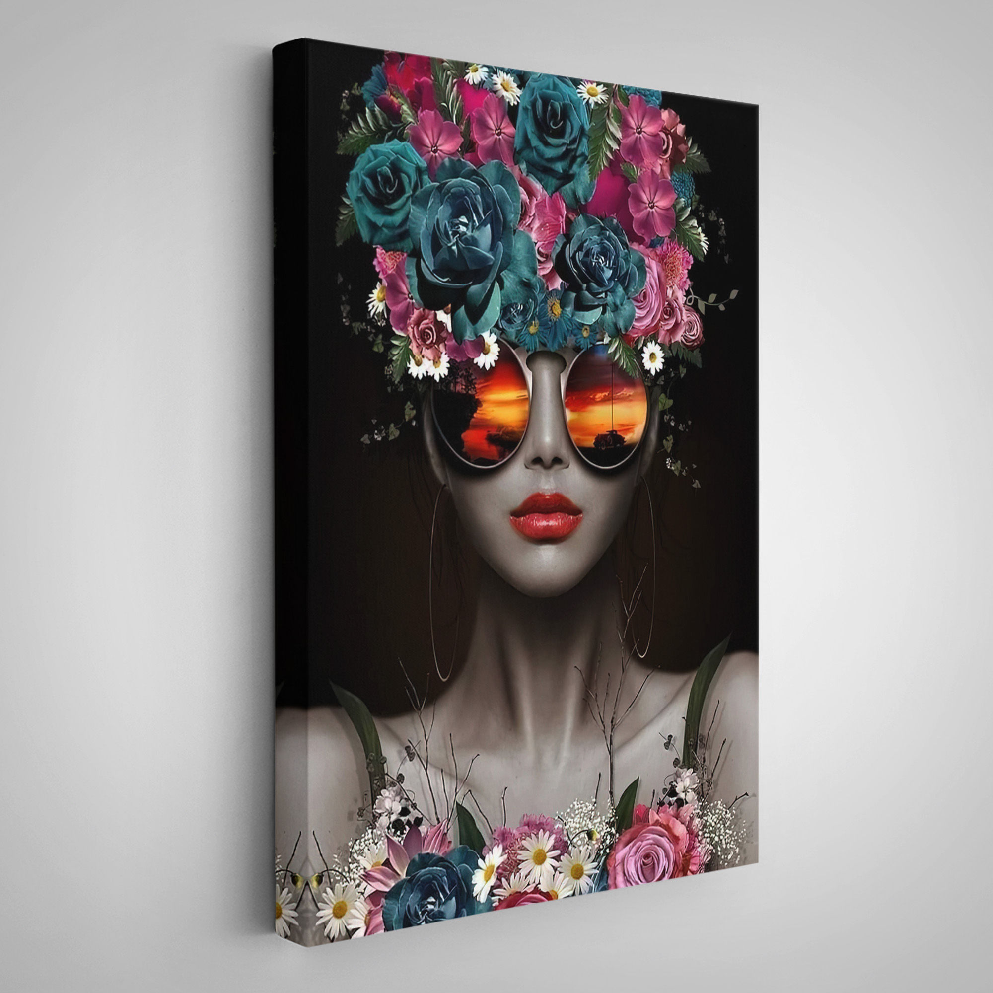Renkli Çiçekler İle Güzel Kadın Dekoratif Duvar Tablosu