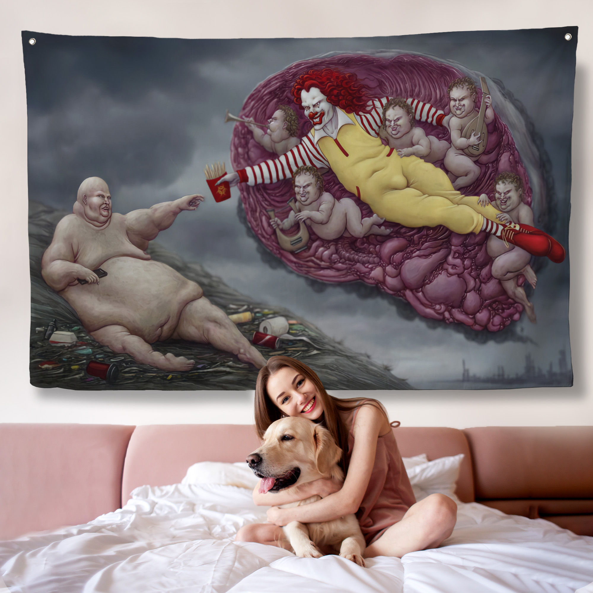 Ademin / Tanrının Eli Temalı Dönemin Kapitalizmini Vurgulayan Kanvas Örtüsü