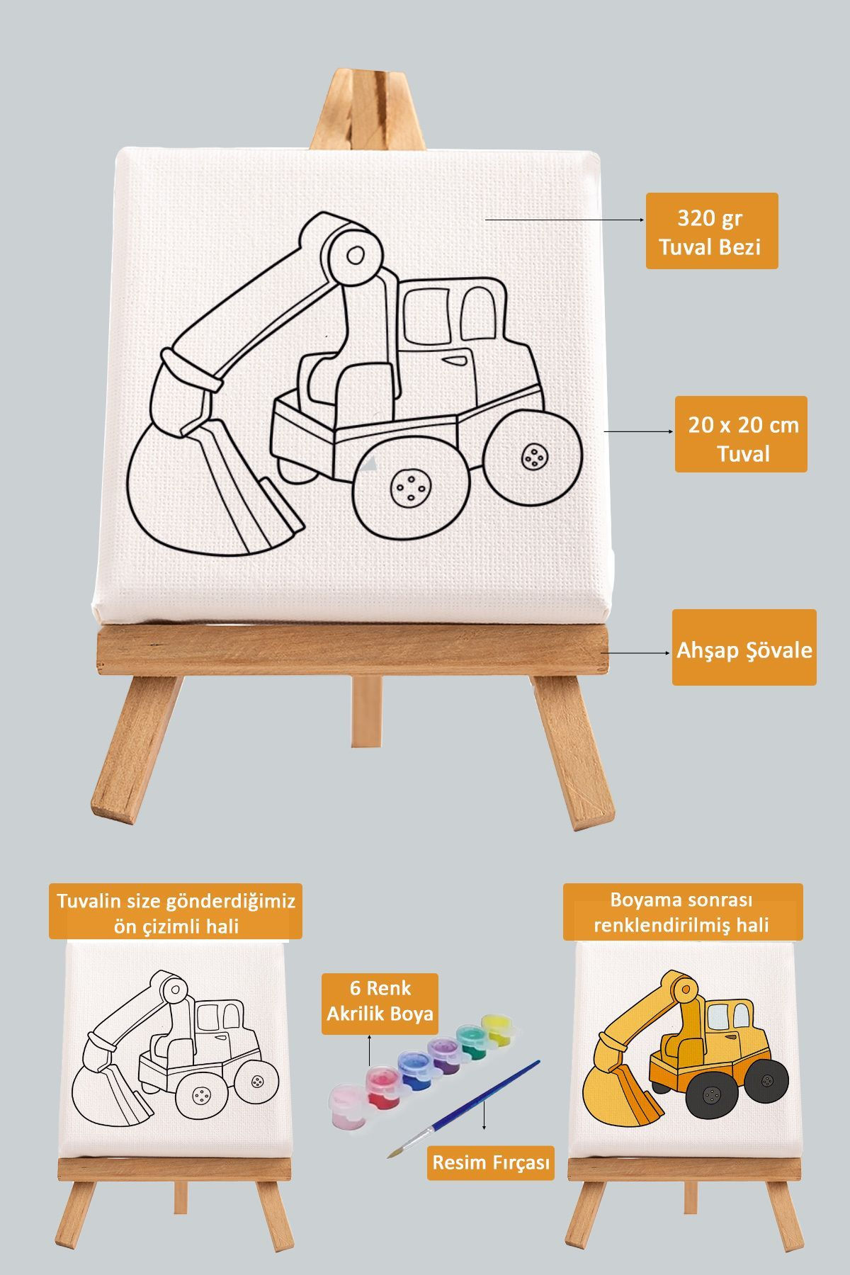 Sevimli Ekskavatör Kepçe, Çocuk Eğitici Tuval Boyama Hobi Seti