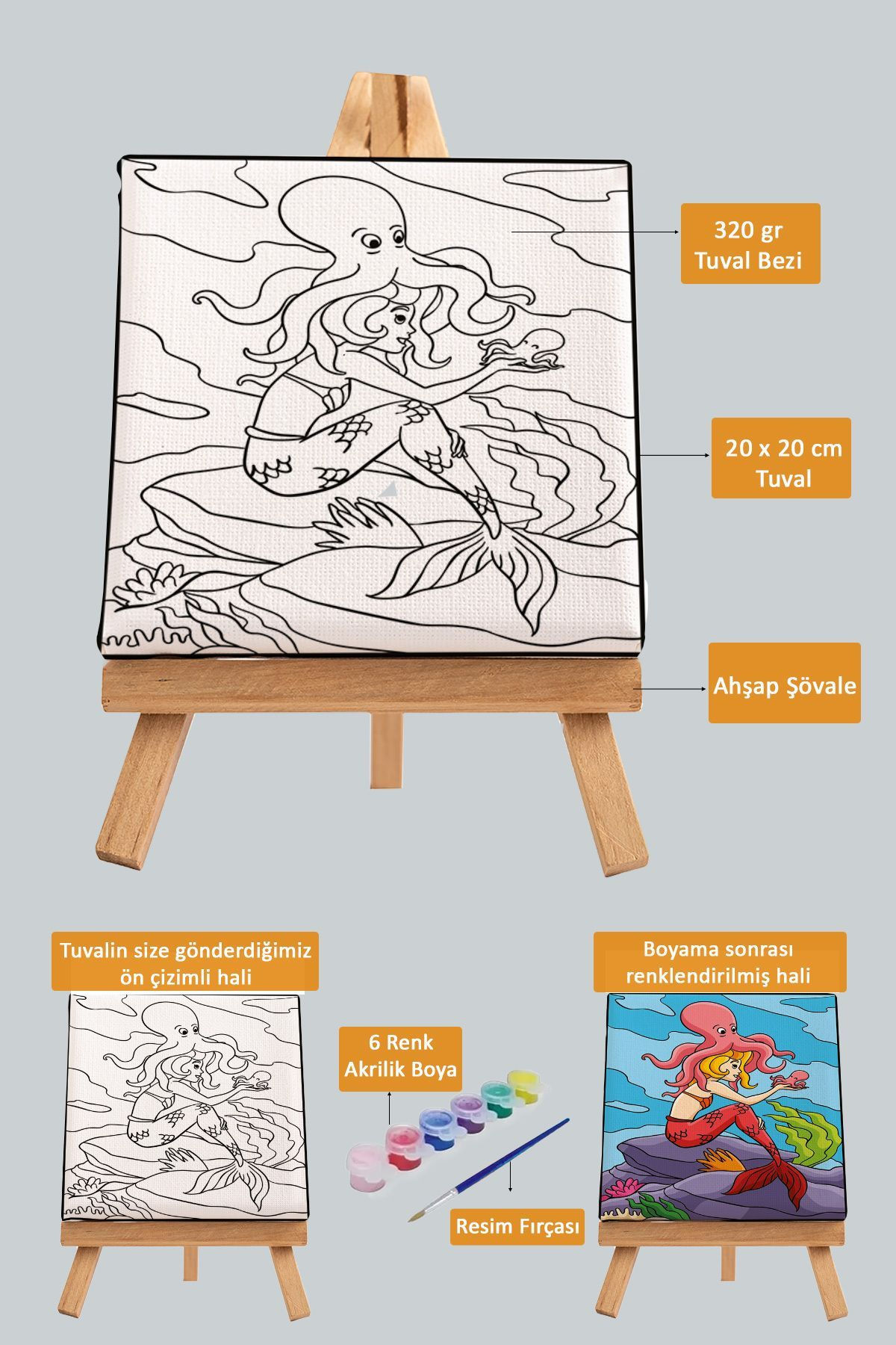 Sevimli Denizkızı ve Ahtapot, Çocuk Eğitici Tuval Boyama Hobi Set