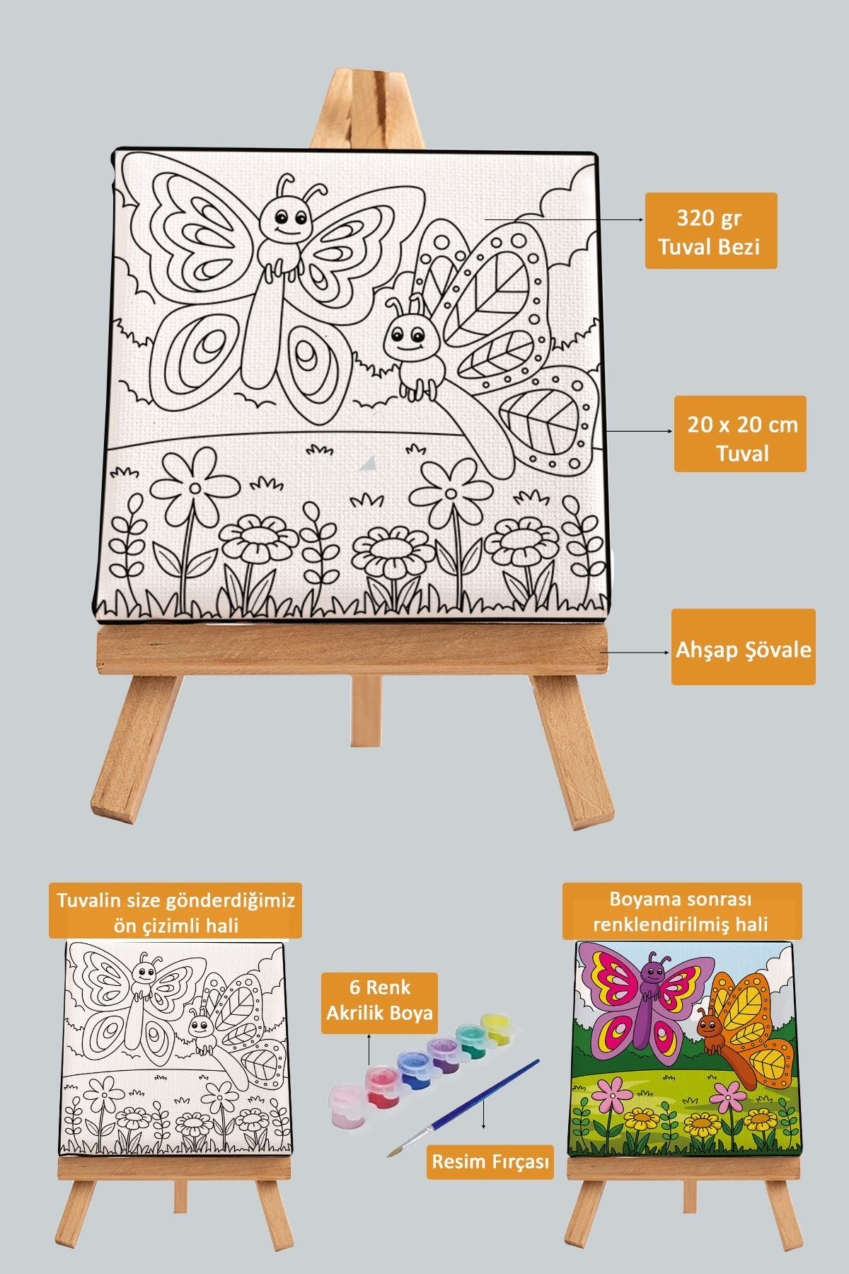 Sevimli Kelebekler, Çocuk Eğitici Tuval Boyama Hobi Seti