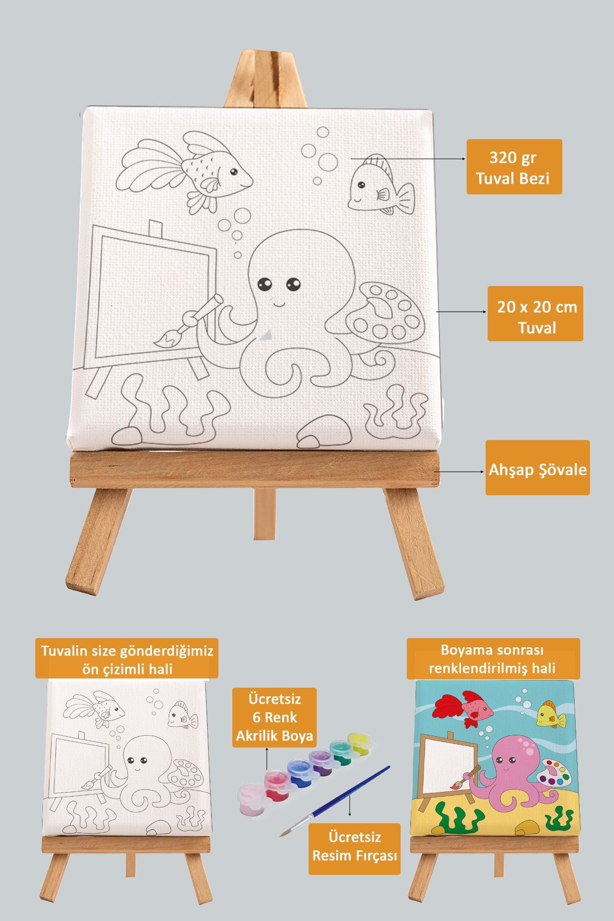 Resim Çizen Sevimli Ahtapot, Çocuk Eğitici Tuval Boyama Hobi Seti