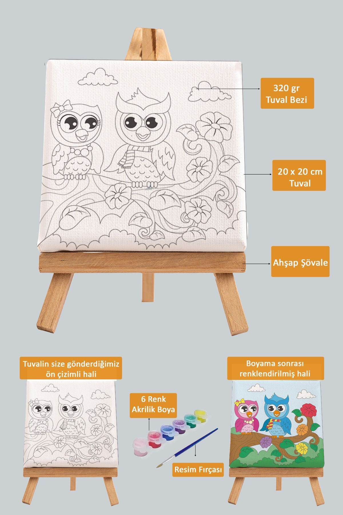 Sevimli Baykuşlar, Çocuk Eğitici Tuval Boyama Hobi Seti
