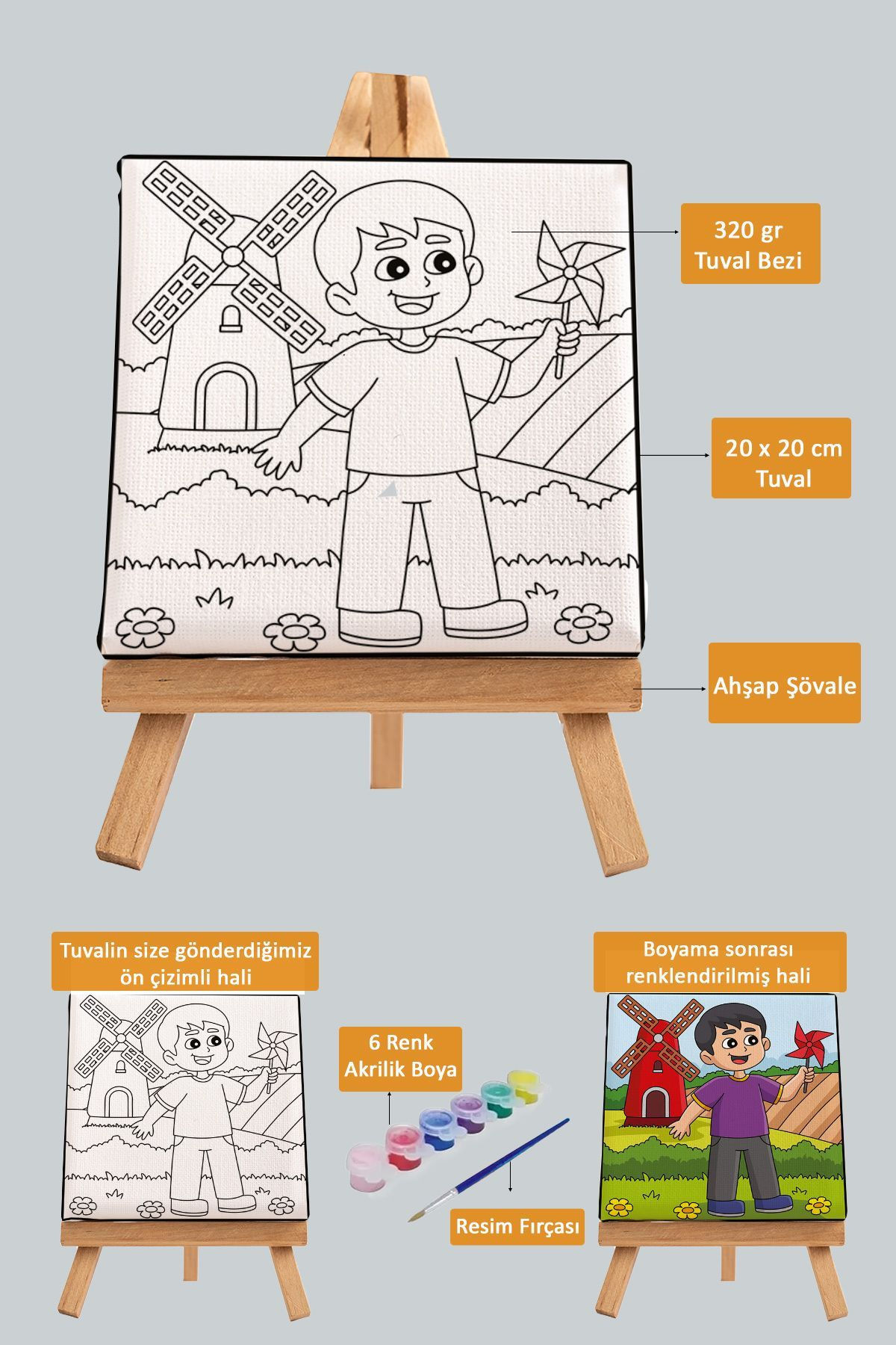 Sevimli Çocuk ve Yel Değirmeni, Çocuk Eğitici Tuval Boyama Seti