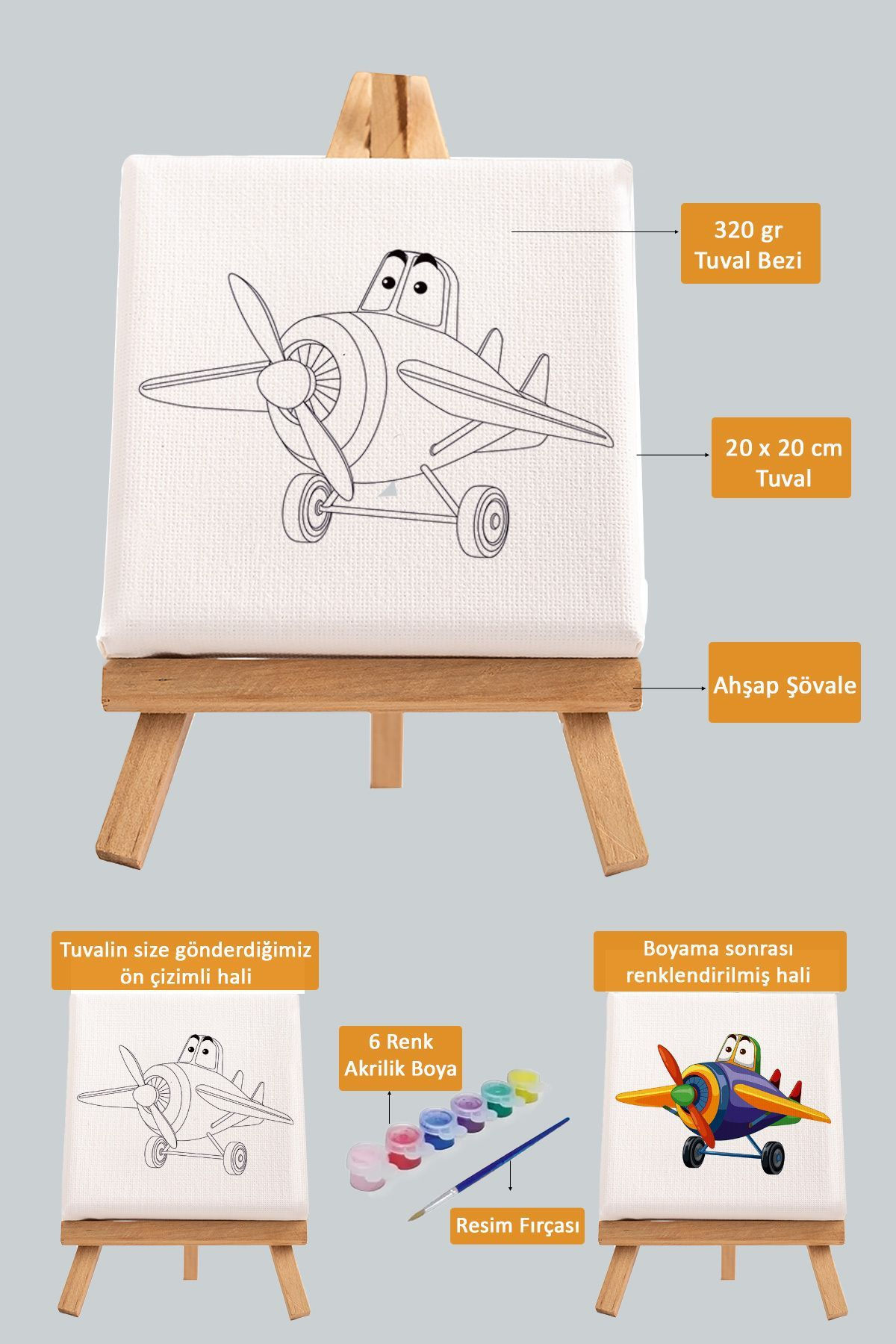 Sevimli Renkli Uçak, Çocuk Eğitici Tuval Boyama Hobi Seti