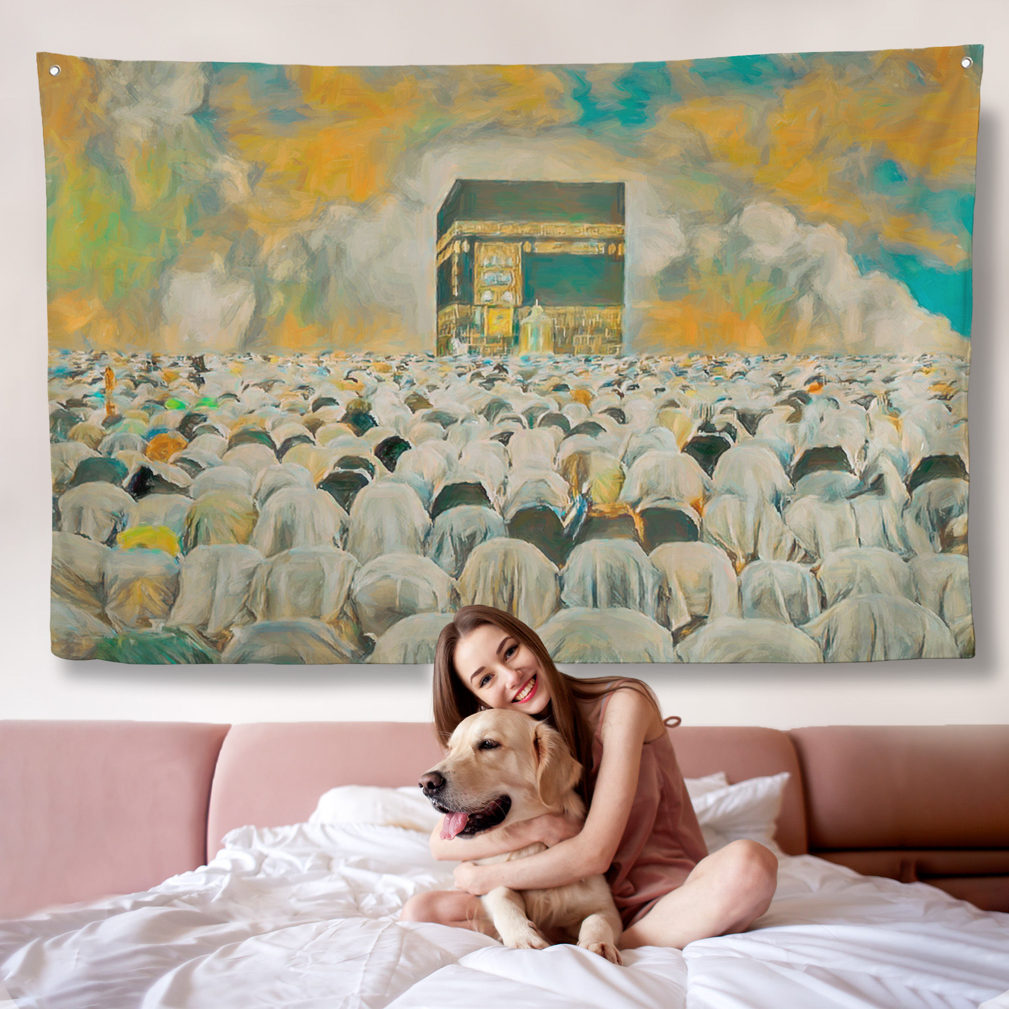 Mekke Kabe'de Kılınan Namazın Muhteşem Görüntüsü Kanvas Örtüsü