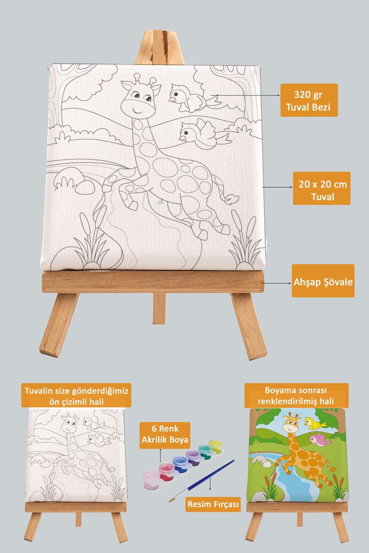 Sevimli Zürafa ve Kuşlar, Çocuk Eğitici Tuval Boyama Hobi Seti