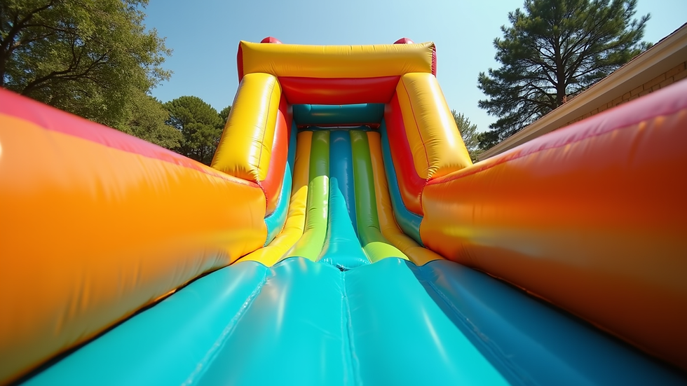 Eye-level view of colorful inflatable obstacle course set up in a backyard