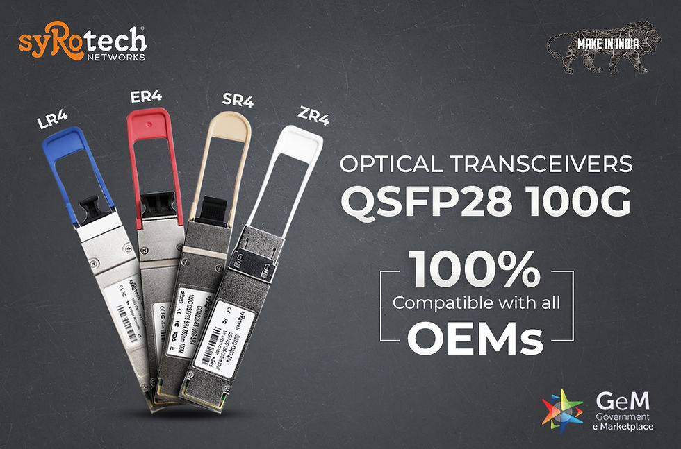 Image shows range of 100G SFPs, 100% compatible with all OEMs and GEM icon.