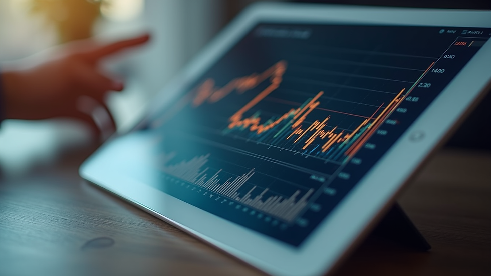 Close-up view of a tablet displaying financial charts and graphs
